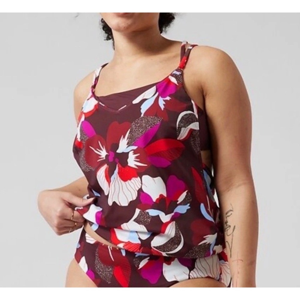 Athleta Seascape Bra Cup Tankini Floral Underwire Swim Top Burgundy 32D/DD NEW